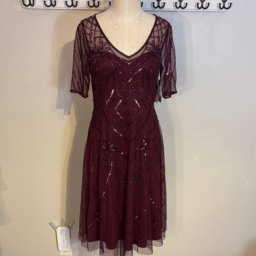 Adrianna Papell Burgundy Sequin Midi Dress